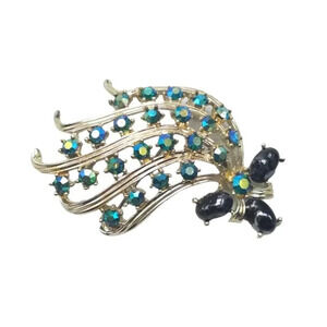Green Rhinestone Black Cab Peacock Wings Brooch Pin Silver Tone Vintage